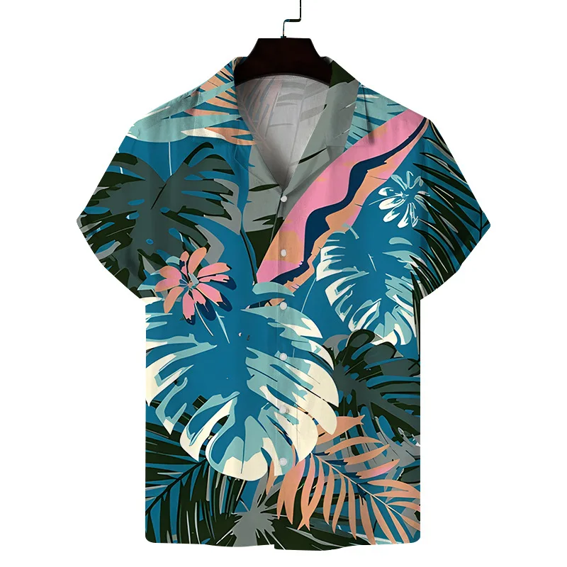 2024 verão gola cubana camisa de manga curta cardigan, europeu e americano estilo férias havaianas camisa de praia casual masculina