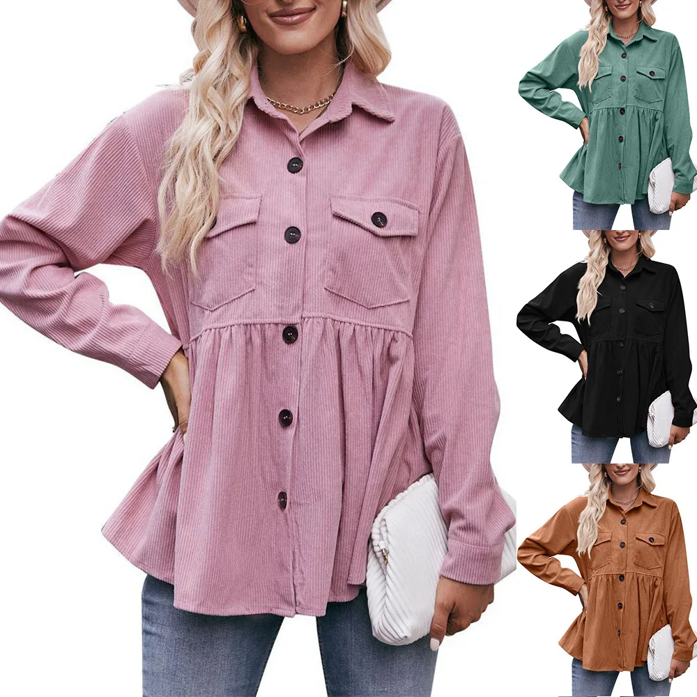 Autumn Winter Women's Corduroy Shirt 2024 New 2 Pocket Lapel Single-breasted Thicken Blouses Female Warm Long Sleeve T-shirt