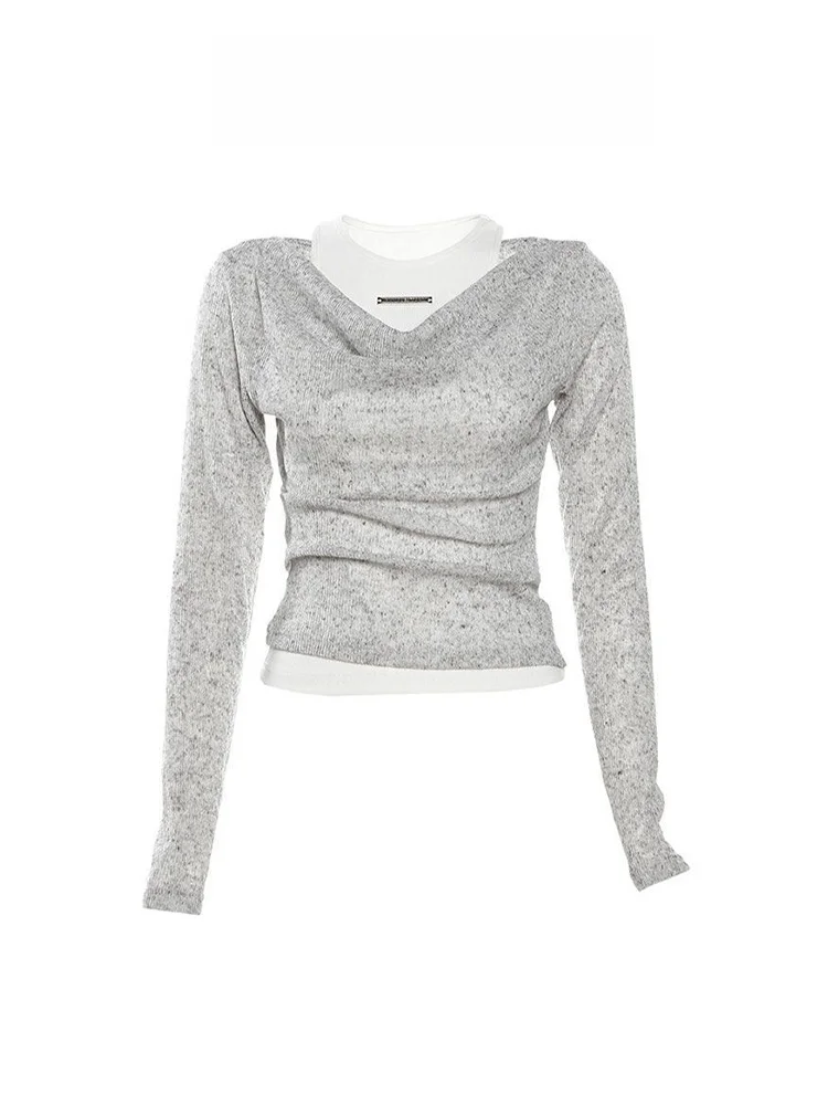 Retro American ey One oulder Long Sve T-irt Women's Spring White Vest Knitted Top Two-Piece Set Faionable