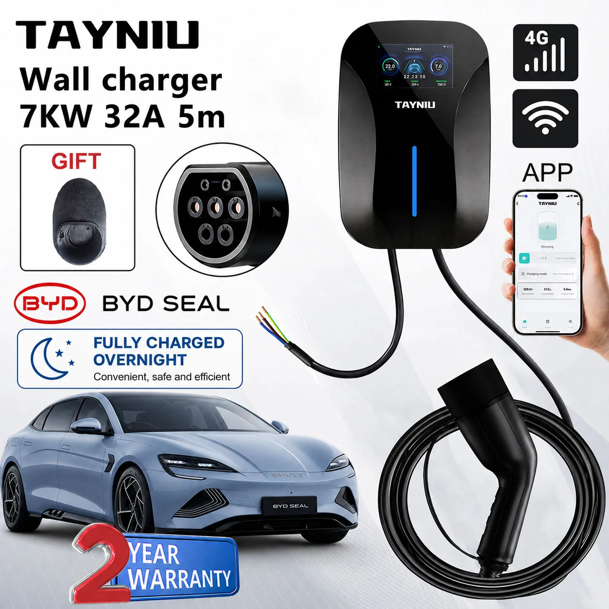

TAYNIU 7KW 32A EV Wall Charger Box 22KW 32A Type 2/ Type 1 Smart APP Control 5M Cable Wall box for Renault MG BYD All EV/PHEV