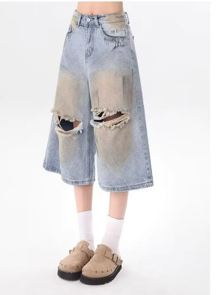 Retro American Design Large Size Denim Shorts Women's Summer Worn-Look Loose Wide Leg Seven-Foot Pants Torn Hole Details