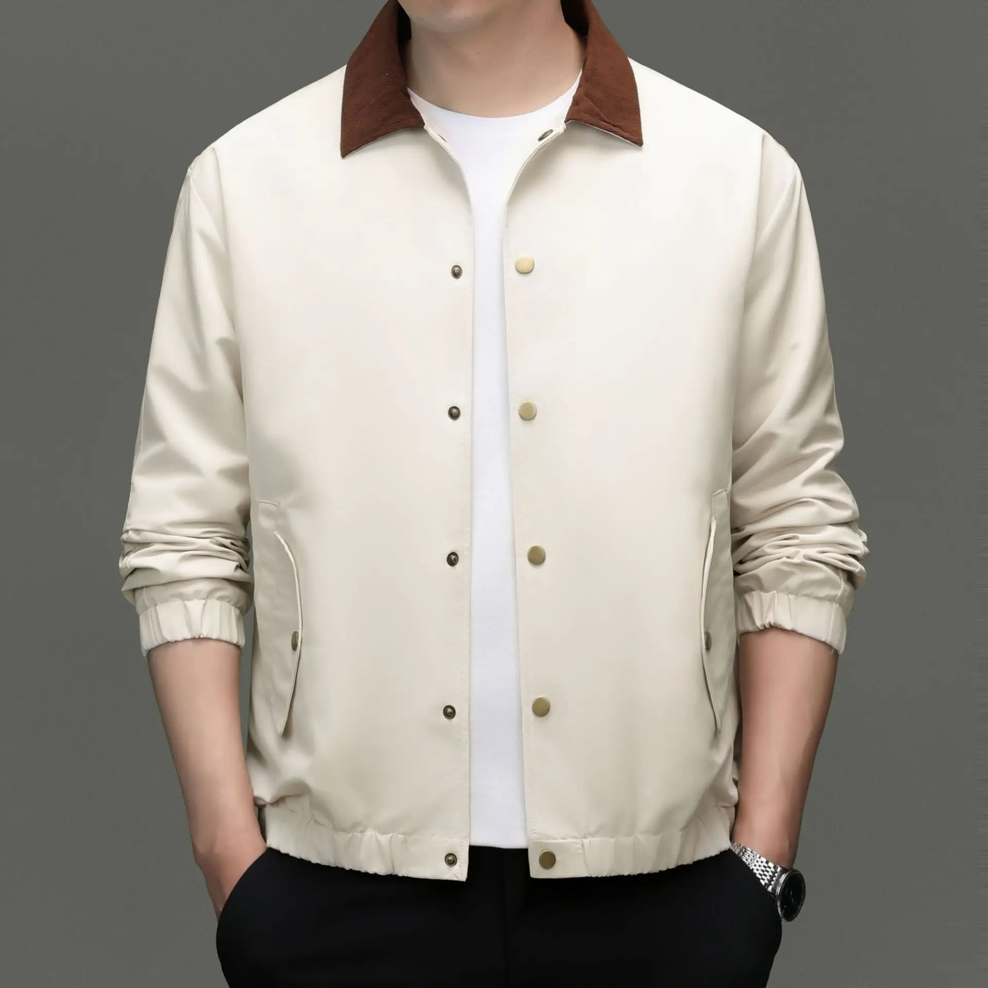Spring Autumn Men Jacket Loose Contrast Color Turn Down Collar Male Outerwear Single-breasted Long Sleeve Business Man Coat