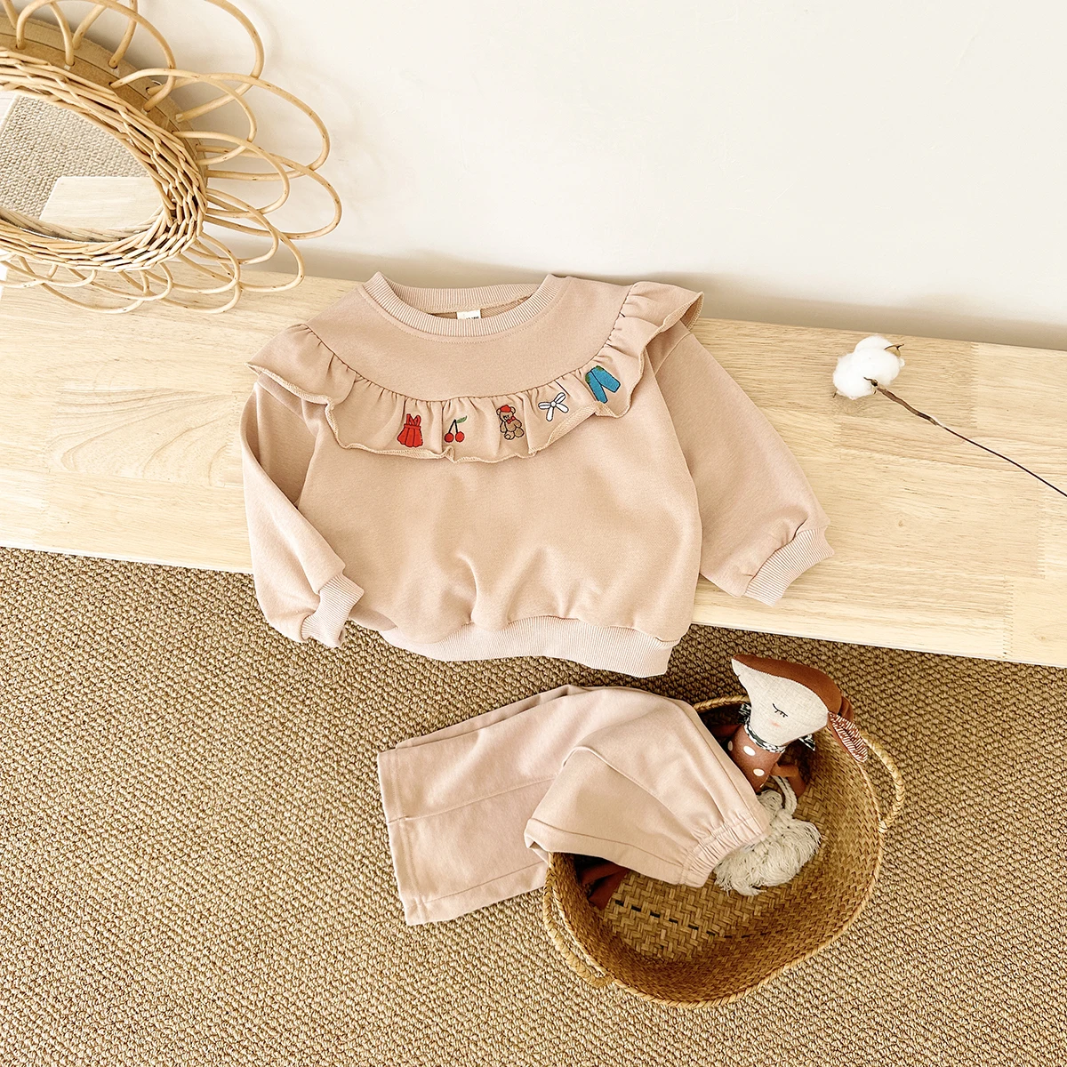 0-4Y Embroidery Flower Ruffle Collar Toddler Boys Girls Casual Clothes Long Sleeved Top+Pants Spring New Style Baby Set