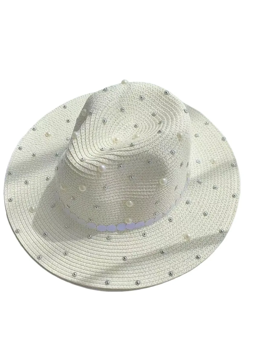 

British Pearl Sequined Flat Brim Straw Hat Sun Hat Beach Hat Top Hat Trendy Female Spring And Summer Leisure Fedora Hat Sun Hat