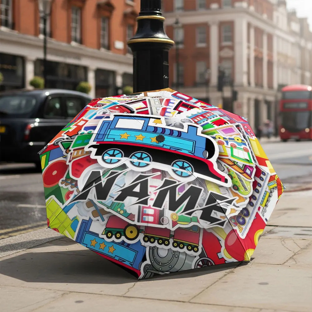 Custom Name umbrella, Colorful Cartoon Train Stickers for Kids Umbrella Fashion Folding Umbrella for Daily Use, Christmas Gift