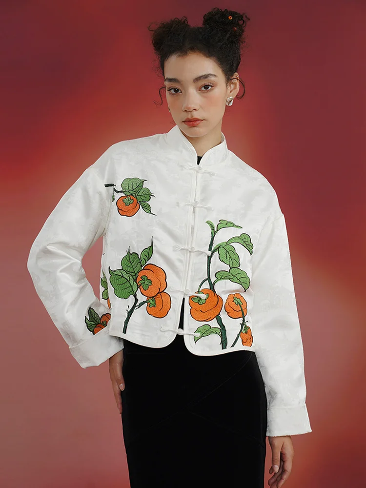103-111cm busto primavera verão feminino elegante delicado estilo chinês botões caqui bordado casacos curtos