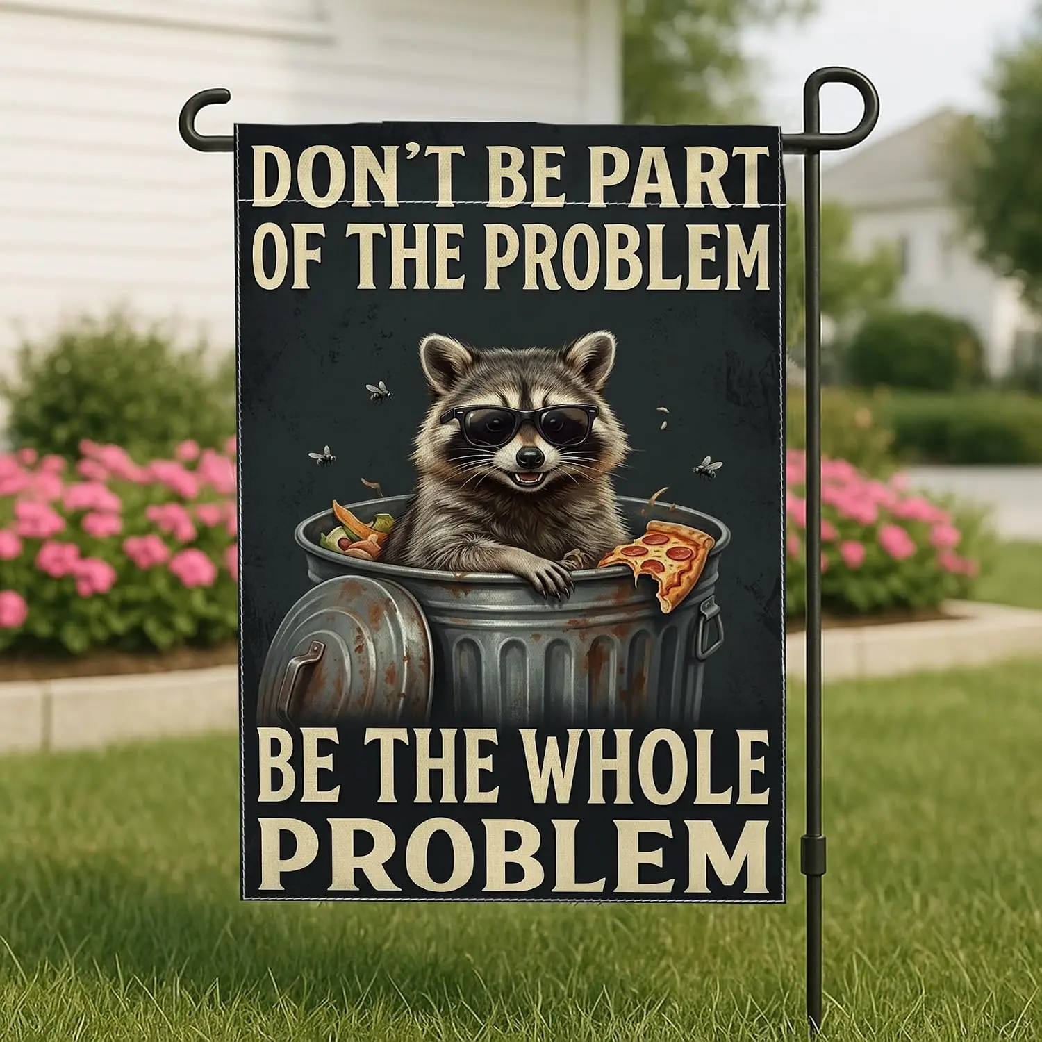 Raccoon Garden Flag, Humorous Vintage Trash Can Pizza N/a Black Burlap Double Sided Yard Decorative Flags for Outdoor Front  yyi