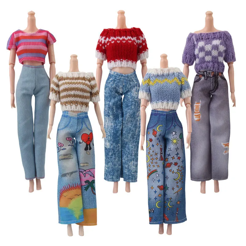 

30cm Supermodel Doll Clothes Fashion Doll Daily Casual Wear Embroidered Denim Loose-Fit Straight-Leg Pants+Top For 1/6 Doll Toys