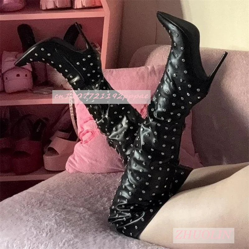 

Женские черные сапоги выше колена со стразами, модные высокие сапоги выше колена с острым носком на шпильке и боковой молнией, женские сапоги для танцев на пилоне, 46