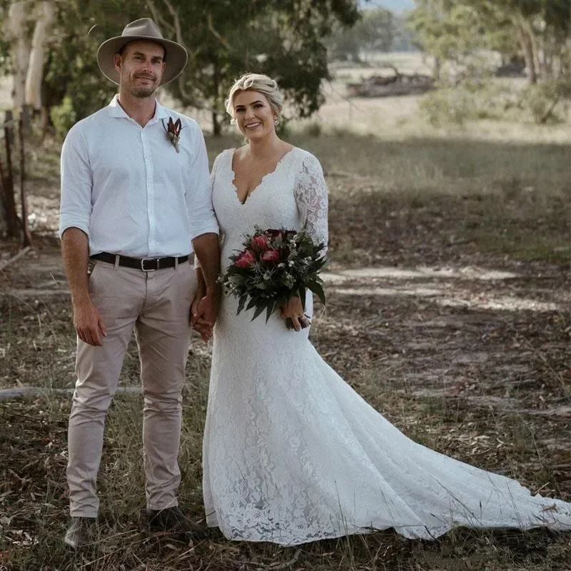 Plus Size Simple Wedding Dresses V Neck Lace Sweep Train 3/4 Sleeve Mermaid Wedding Dress Custom Made Country Bridal Gown