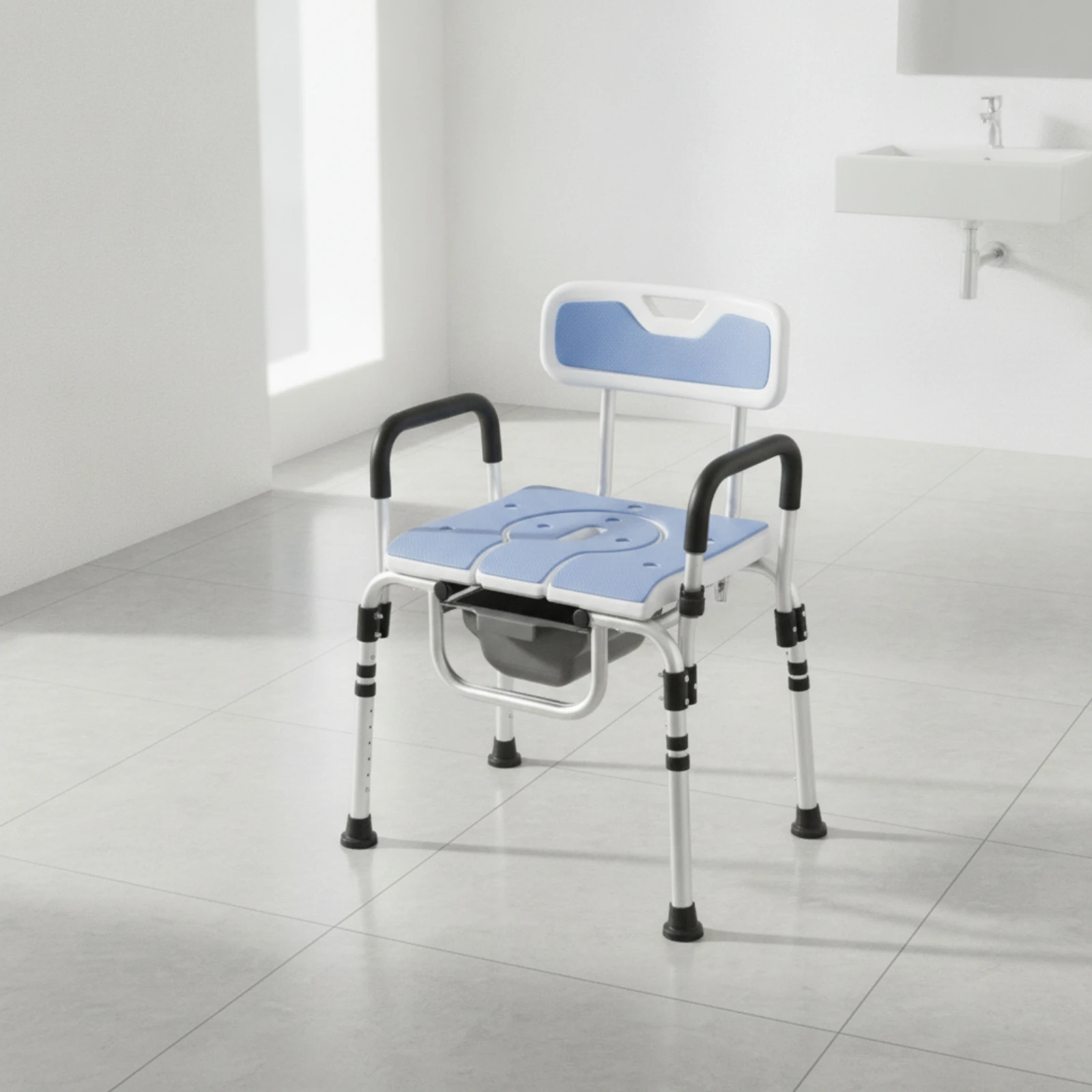 Shower Commode Chair Ventilated Commode Chair with Removable Container Waterproof Lightweight for Older Adults, Home Bathroom