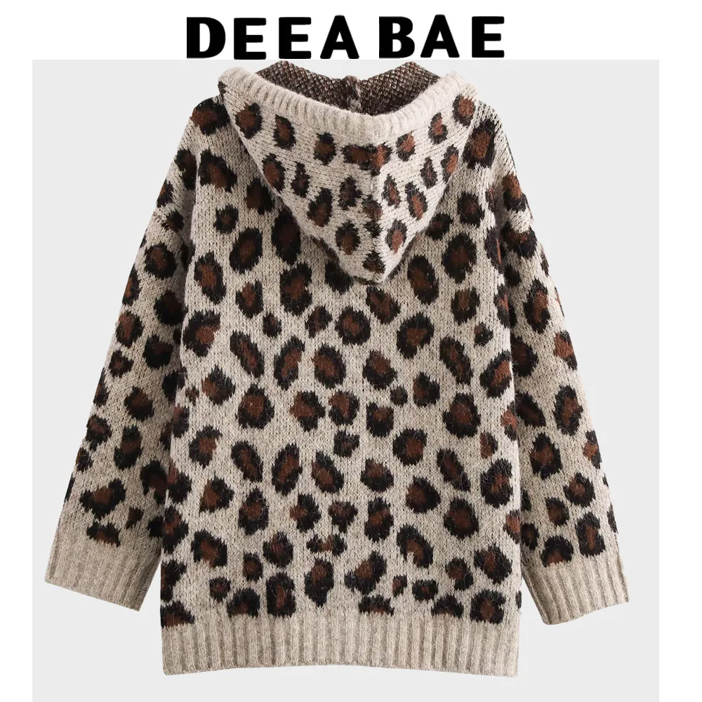 DEEABAE Winter New Women's Loose Animal Pattern Jacquard Drawstring Long Sleeved Knitted Sweatshirt Woman Clothing Hoodie Sweate