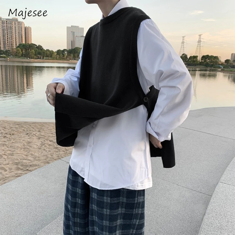 Side-slit Sweater Vest Men Youthful Popular Trendy Korean Style Solid O-neck Sleeveless Teenagers Autumn Knitwear Cozy All-match