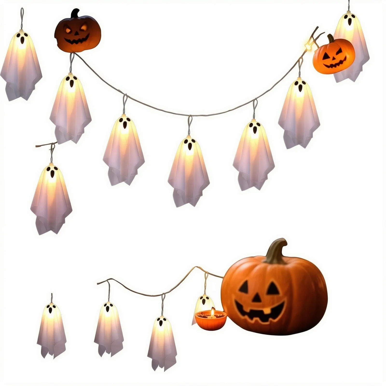 Halloween Ghost Decor,10Pcs Spooky Ghosts String Lights Battery Operated with Timer,8 Lighting Mode for Home Window
