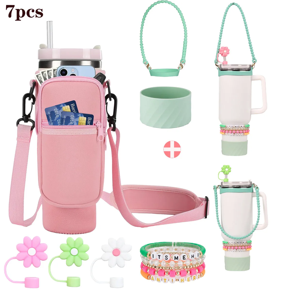 Juego de accesorios para tazas de 7 piezas, tapa de pajita, bota, eslinga para botella de agua, bolsa de transporte para botella de agua, 40oz y 30oz