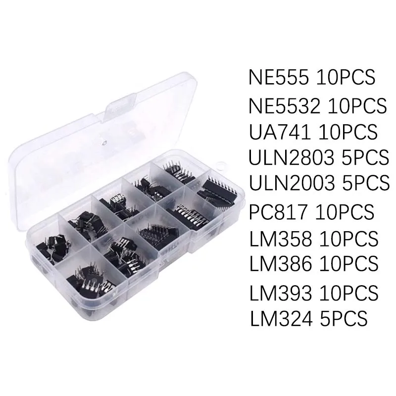 85PCS Integrated Circuit Chip Kit 10 Specifications IC-NE555 IC-LM324 IC-LM358 DIP Single Precision Timer Combination kit