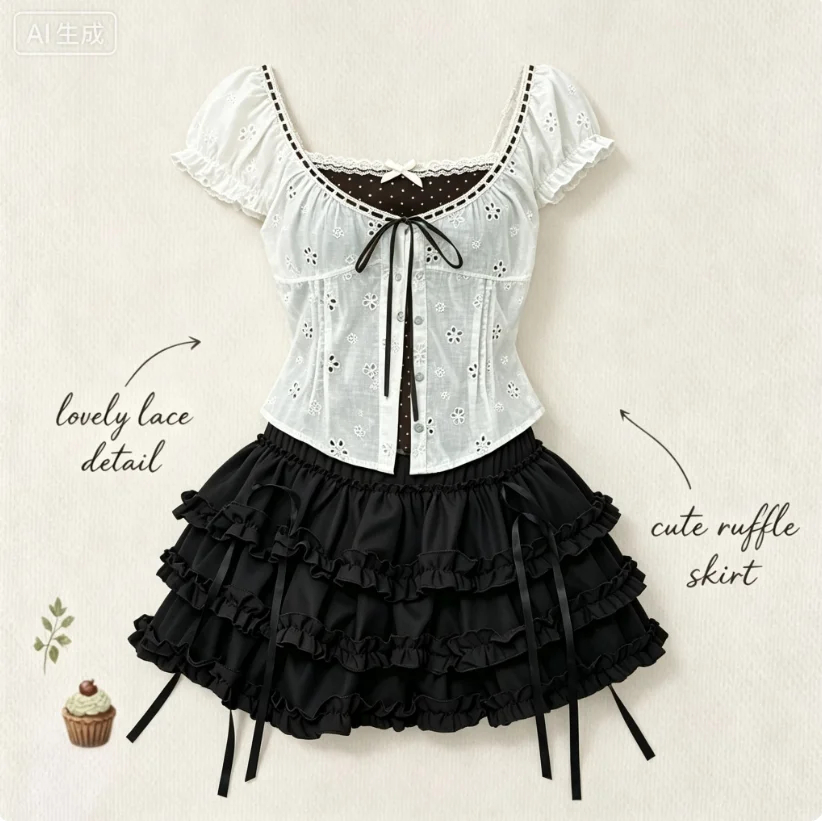 Harajuku Y2k 2 Piece Skirt Set Lace Decor Short Sleeve Blouse Tiered Ruffle High Waist Cake Skirt Fashion Women Matching Suit