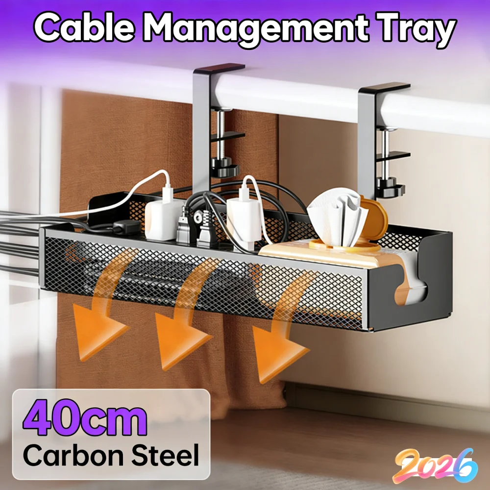 Under Desk Cable Management Tray with Clamp Cord Organization Box Cable Storage Box for Office Home