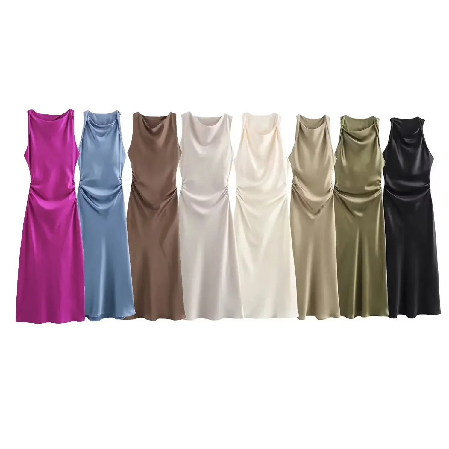 Satin Lange Kleider für Frauen 2025, Sommer Slip Midi Kleid Frau Sexy Abend Party Kleid Ärmellose Weibliche Elegante Kleider