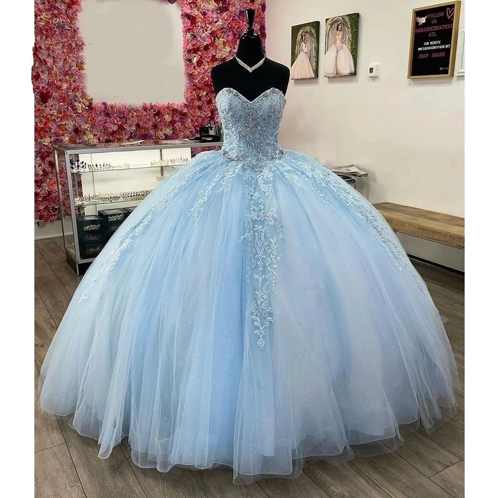 

ANGELSBRIDEP Light Blue Ball Gown Quinceanera Dresses 15 Party Glitter Tulle Formal Masquerade Cinderella Birthday Gowns 2023