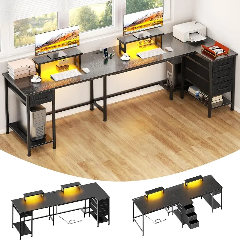 

93" Two Person Office Desk, Long Computer Gaming Desk with Power Outlets & LED Lights, Large Home Office Desk with 4 Storage Dra
