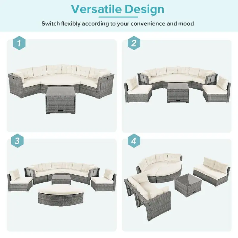 طقم أثاث مقطعي لسرير نهاري من الروطان للأماكن الخارجية مع وسائد وطاولة للفناء والحديقة والفناء الخلفي وحمام السباحة - بيج #3