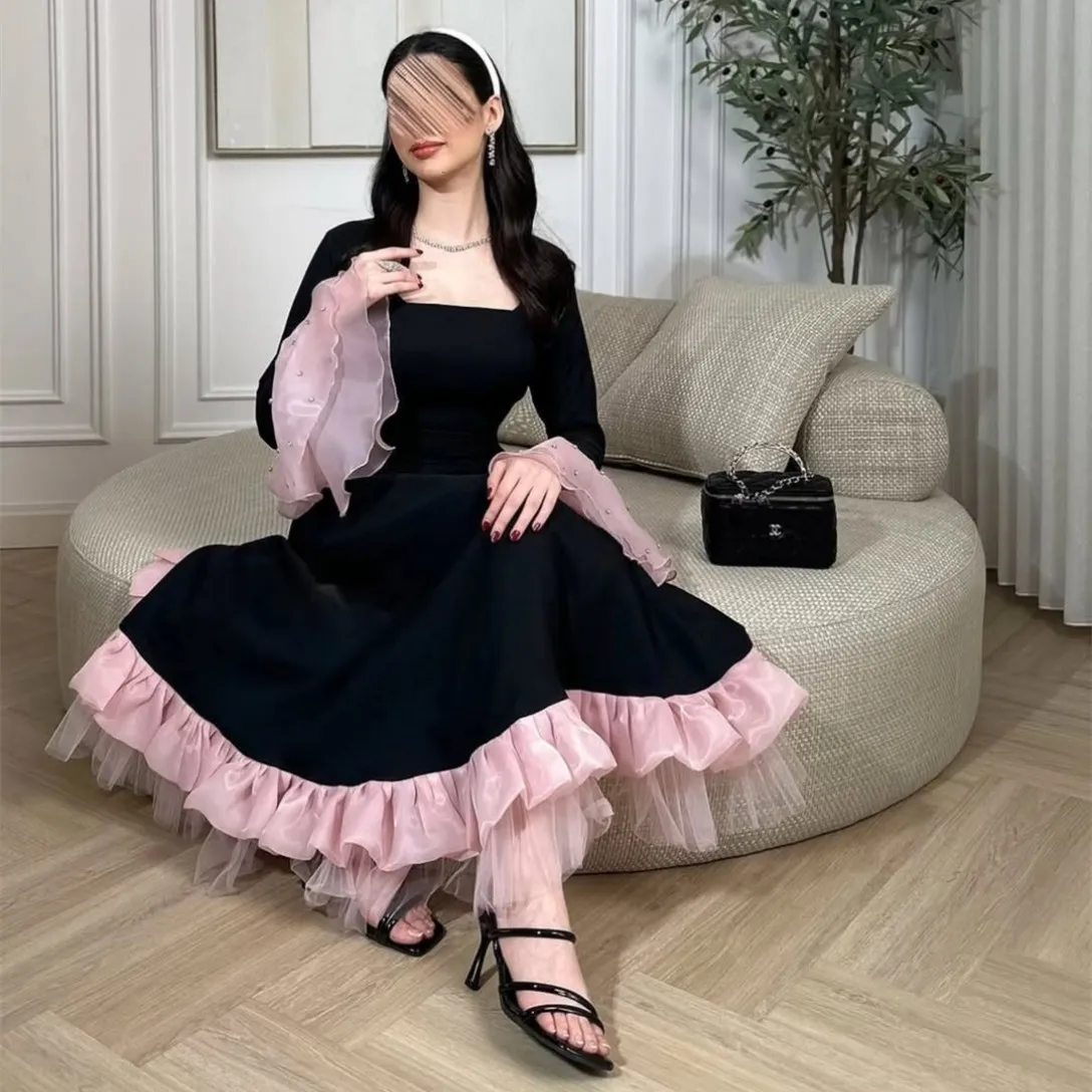 Op maat gemaakte korte crêpe avondjurken met ruches A-lijn crêpe vierkante hals geplooide theelengte bruiloftsgastjurk voor dames