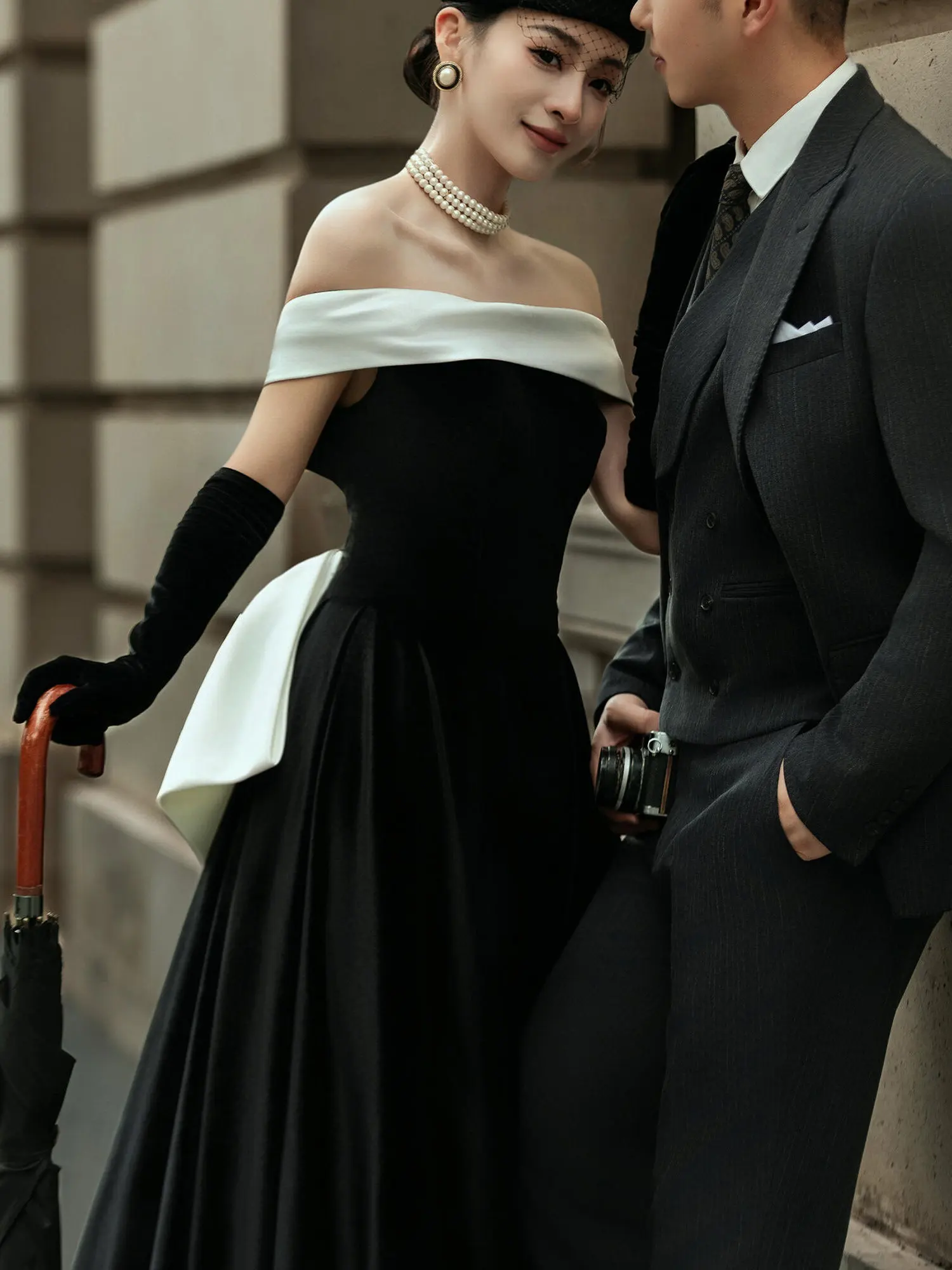 Elegant Black One-Shoulder Retro European Dress Women's Waist-Cinching High-End Feelings Fashionable Evening Gown