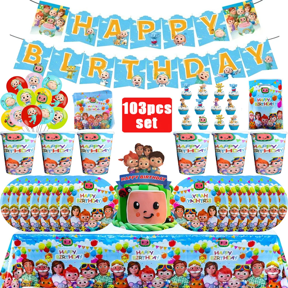 Набор для вечеринки в стиле Cocomelon: украшения для дня рождения, воздушные шары, топпер для торта, тарелки, скатерть, принадлежности для детского праздника