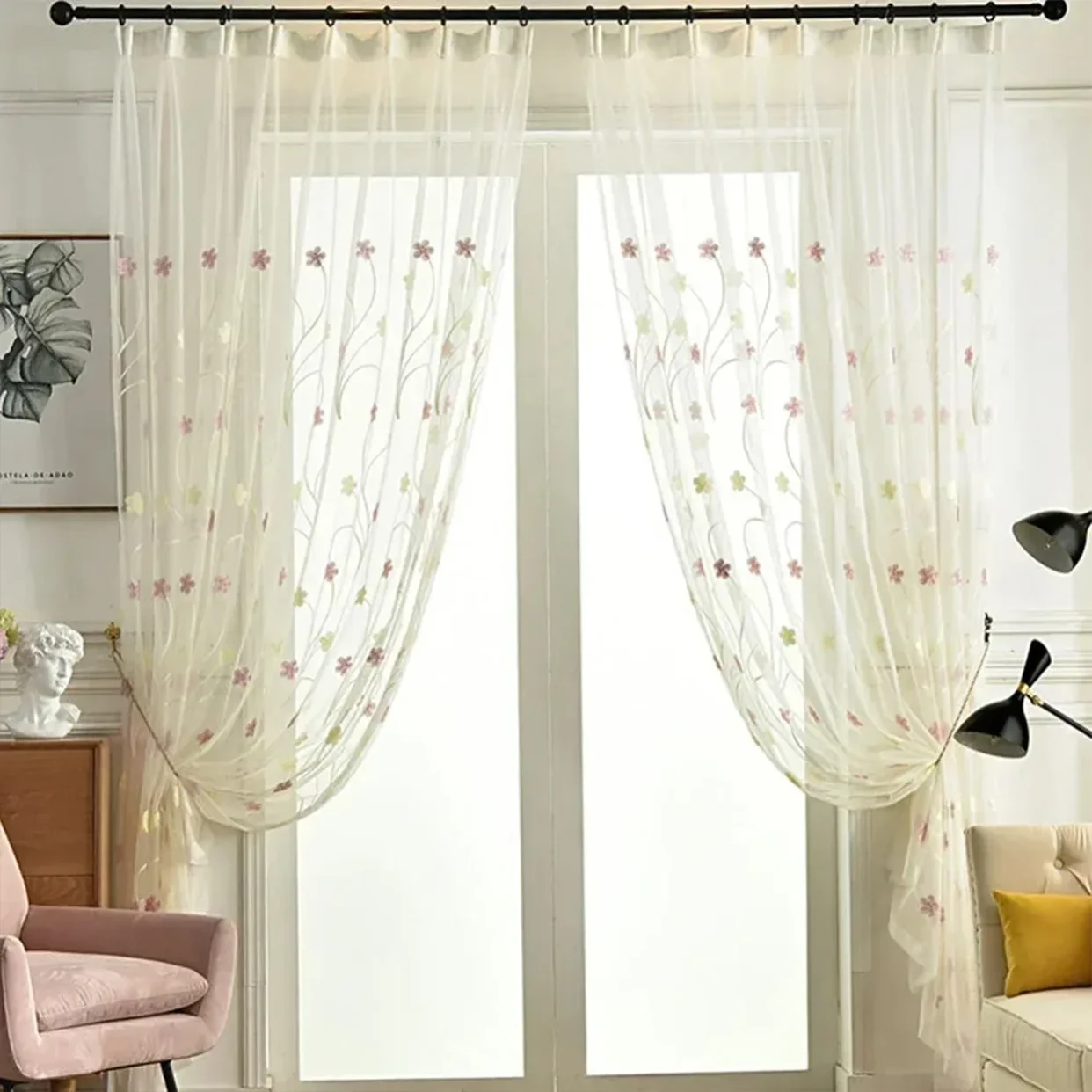 Rustic Pink White Embroidered Floral Gauze Curtain for Bedroom Living Room Balcony Bay Window Daytime Curtain Sweet Transparent