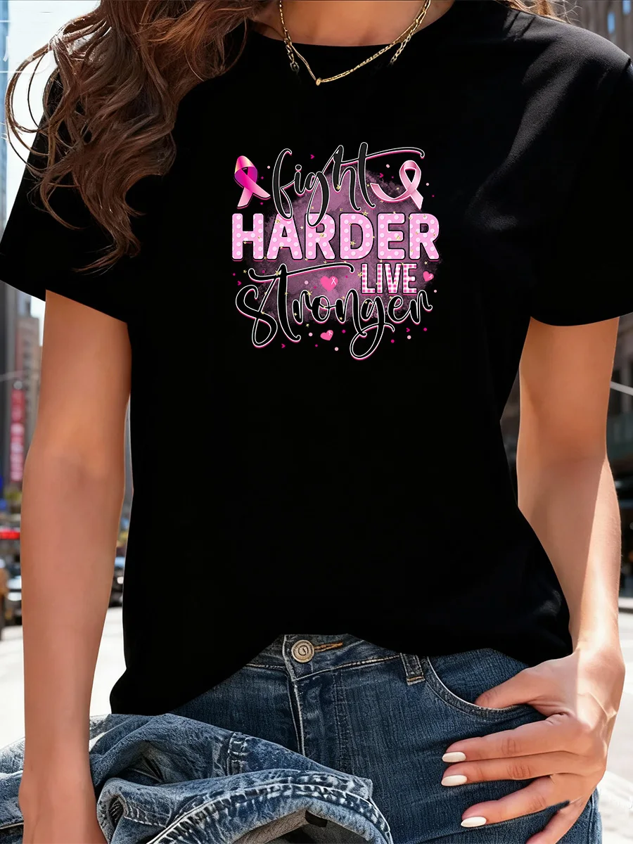 

Black Breast Cancer Awareness T-Shirt with Pink Ribbon "Fight Harder Live Stronger" Graphic