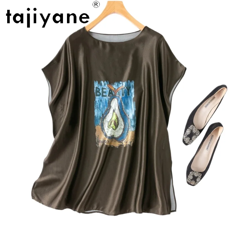 TAJIYANE 93% Real Mulberry Silk Women T Shirts Fashion Pear Print T Shirt Loose Casual Tops for Woman Clothes Summer 2026 одежда