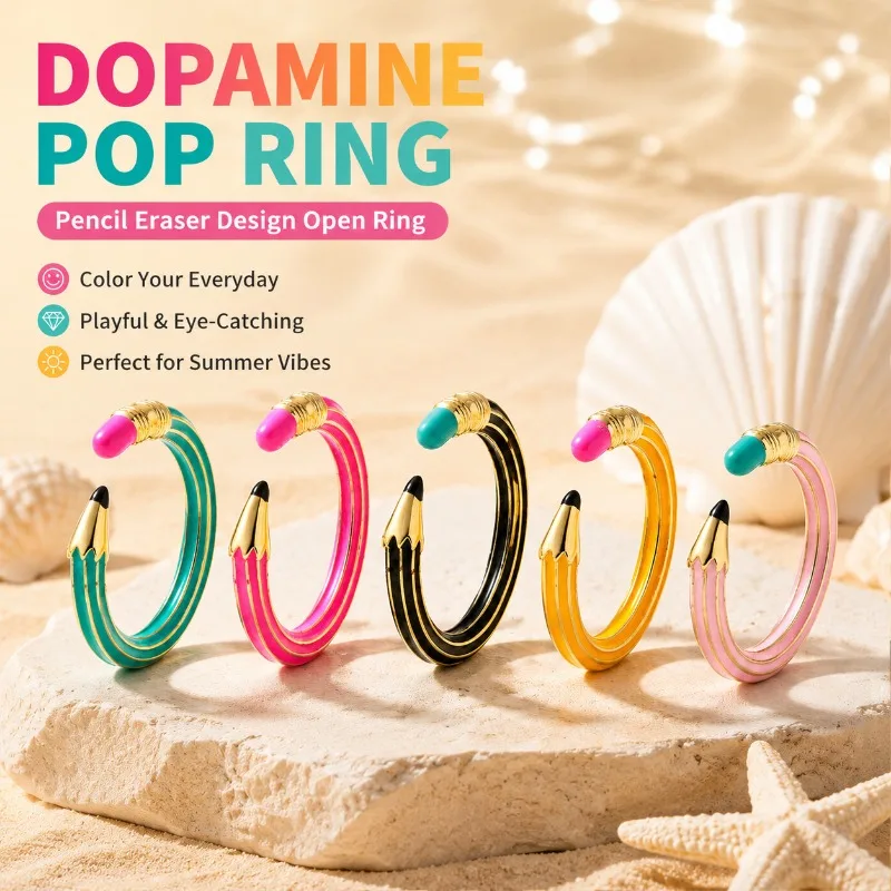 Summer Dopamine‑styled Enamel Open Ring Creative Pencil‑eraser Spliced‑design Fashion‑forward Finger‑ornament Adjustable