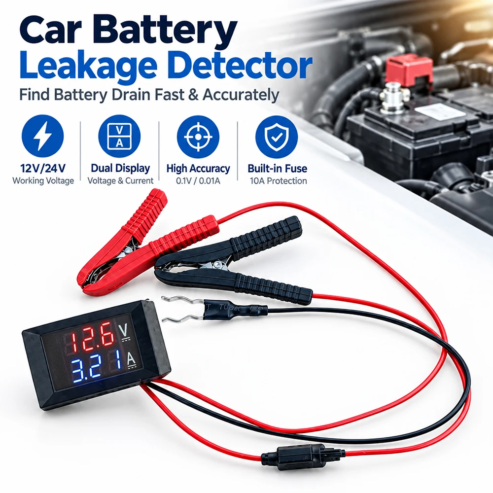 DC12V/24V Car Battery Leakage Detector Parasitic Draw Tester with Fuse Safe No-Disconnect Current Leak Finder Diagnostic Tool