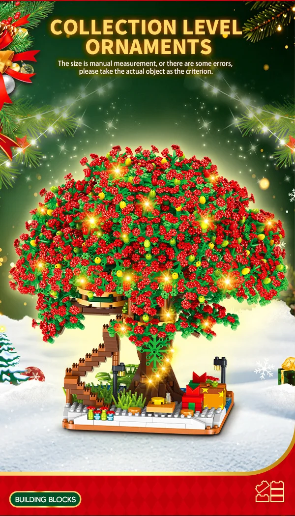 Baumhaus-Baustein-Set, Regenbogen-Sakura, Weihnachten, rote Kirschblüten, 3D-Modell, Mini-Bausteine, Figuren, Spielzeug für die Heimdekoration – Detail 8