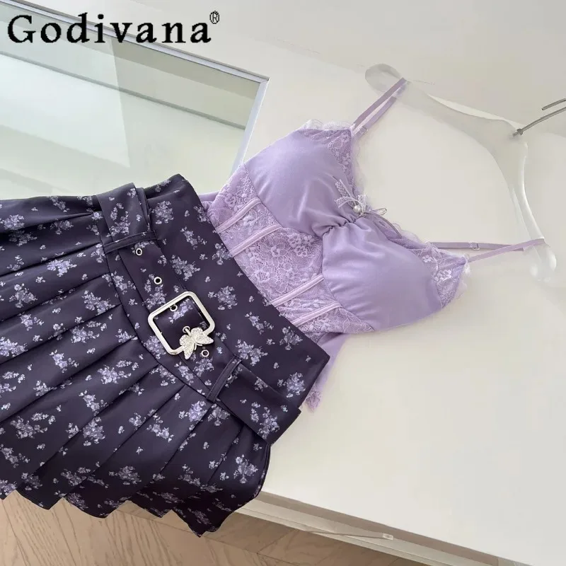 

CySummer Purple Lolita Set Women Pure Original Design Sexy Top and Short Skirt Suits Female Slim Princess Two Piece Outfits