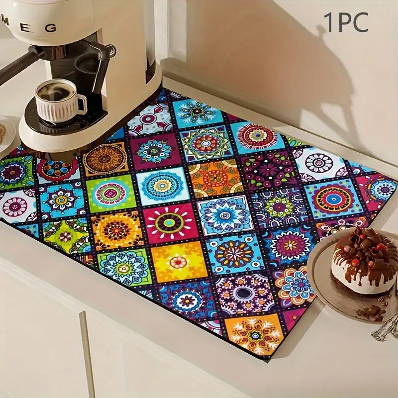 VIKAMA Colorful Mandala Tile Drain Mat, Bohemian Floral Absorbent Non-Slip Coffee Maker Mat, Kitchen Countertop Home Decor