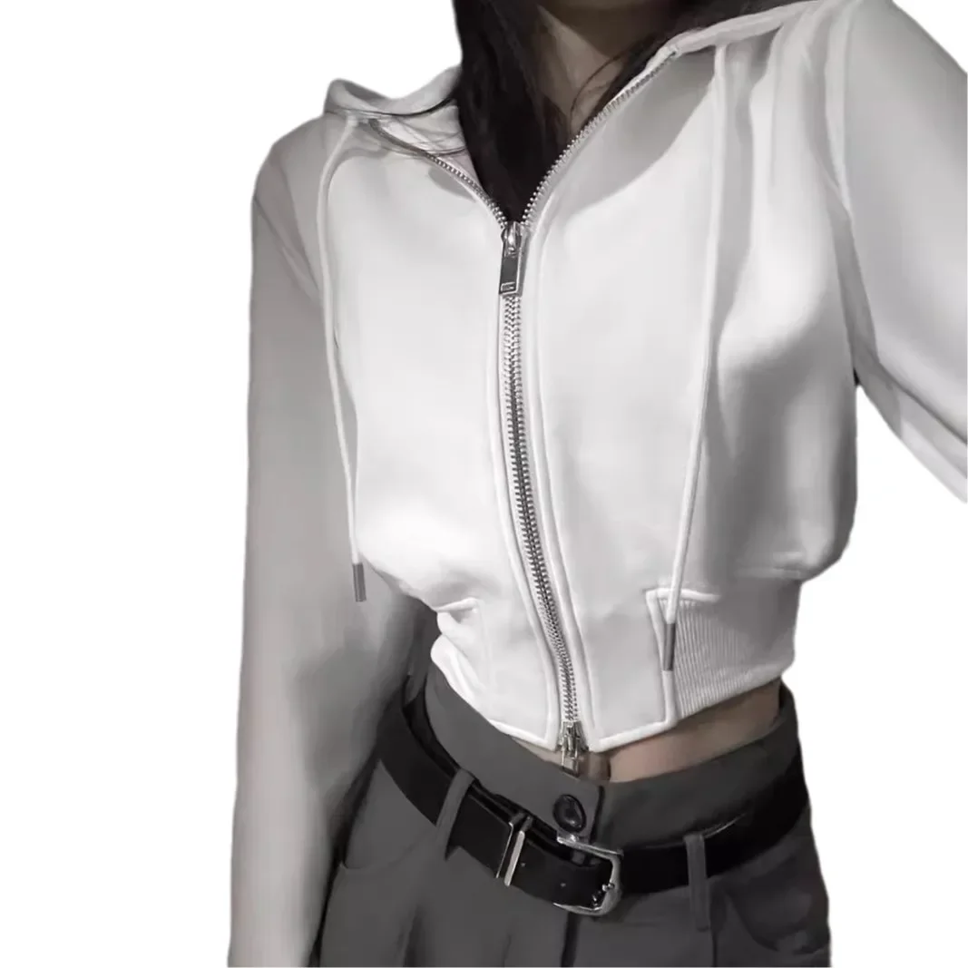 Casual Short Hooded Sweatshirt Women Zip Up Hoodies Korean Solid Harajuku Long Sleeve Slim Fit Crop Top Female Jackets Coat Y2k