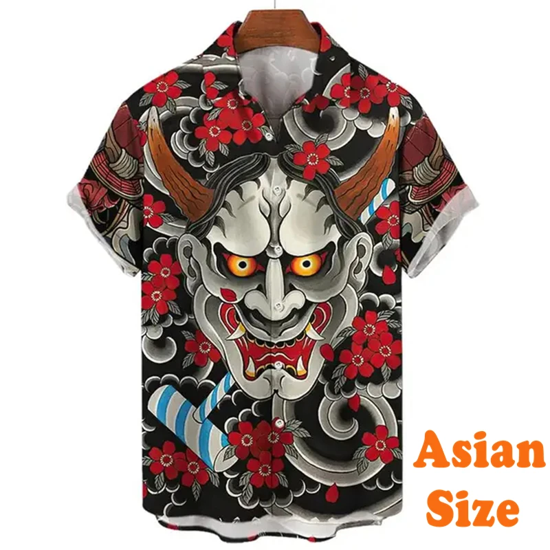 Japanese Samurai Mysterious Mask Shirt For Men's Clothes Harajuku Street Button Shirts Karate Personality Print Graphic Blouse