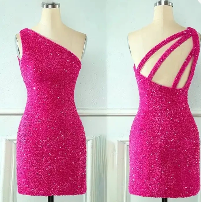 Glitter Hot Pink Sequin Homecoming Dress 2024 Sexy One Shoulder Mini Short Cocktail Party Dress Chic Red Black Girls Prom Dress