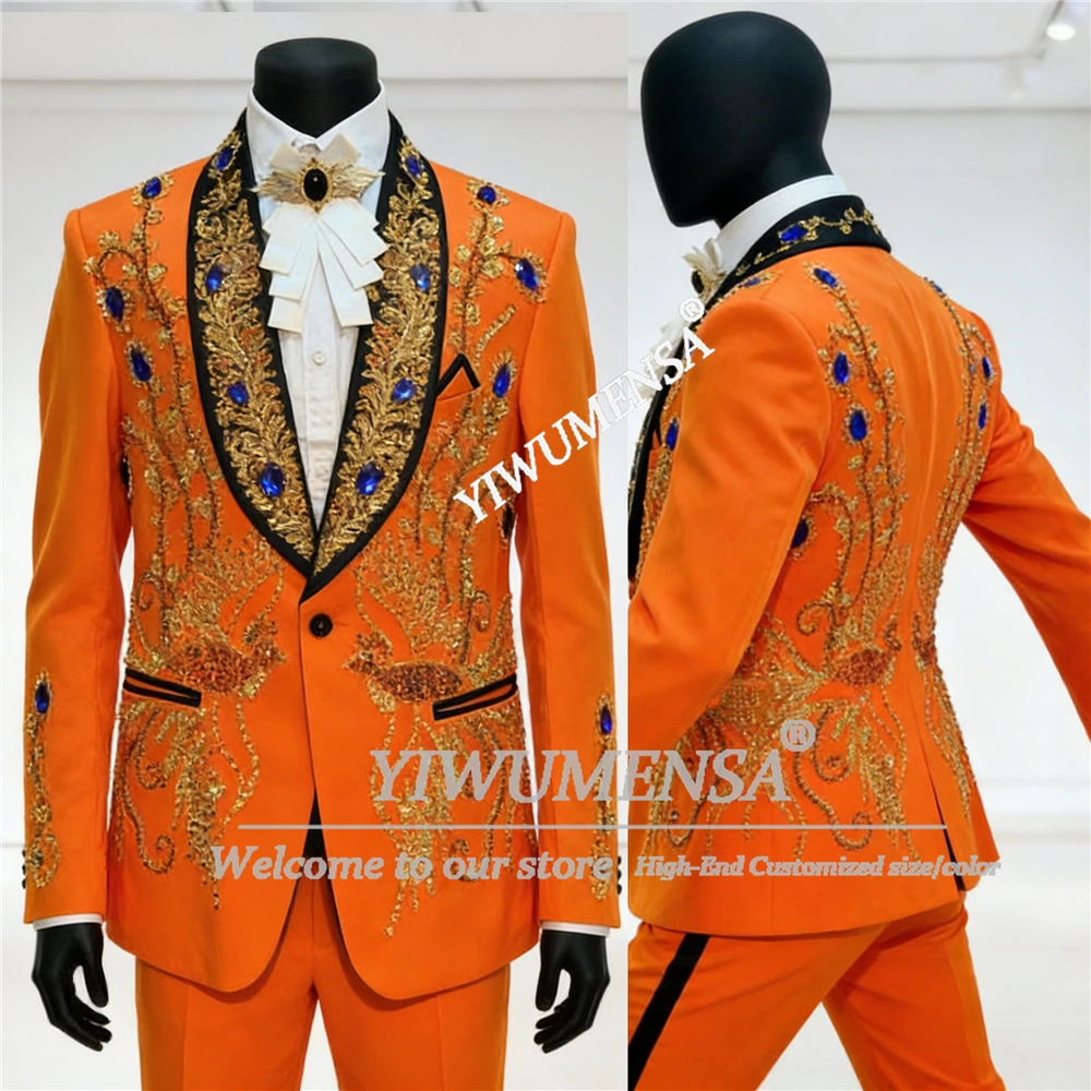 

Luxury Beaded Crystals Suits Men Slim FIt Black Shawl Lapel Prom Blazer Customized 2 Piece Set Groom Wedding Tuxedos Ropa Hombre