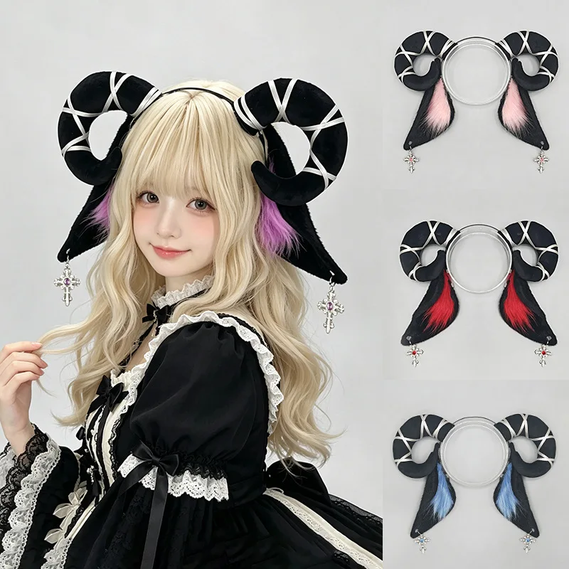 Y2K Dark-style Headwear, Sheep's Ear Headband Cosplay Props for Monster Comic Expo, Halloween Sheep Horns Head Accessories