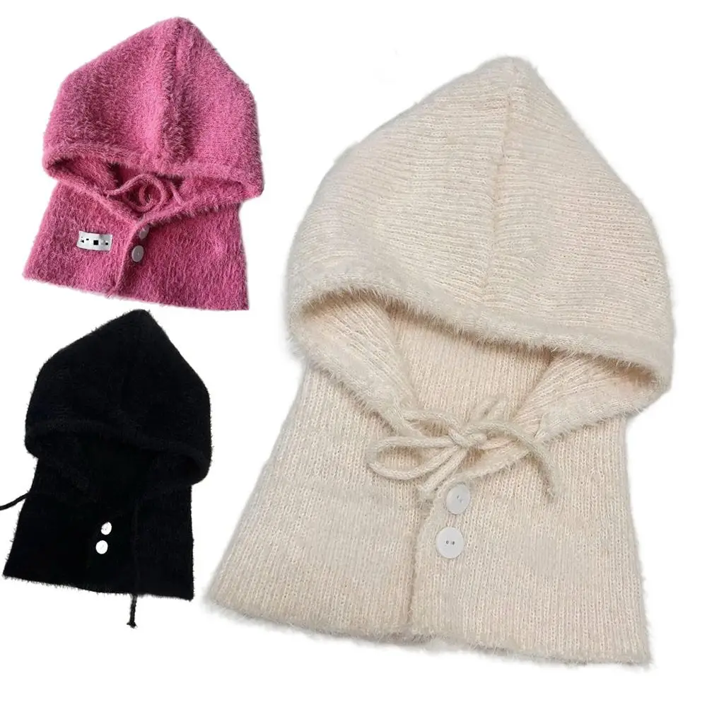 

Korean Solid color Women Balaclava Plush Winter Warmer Knitted Pullover Hat Hat and Scarf Integrated Knitted Beanies Outdoor