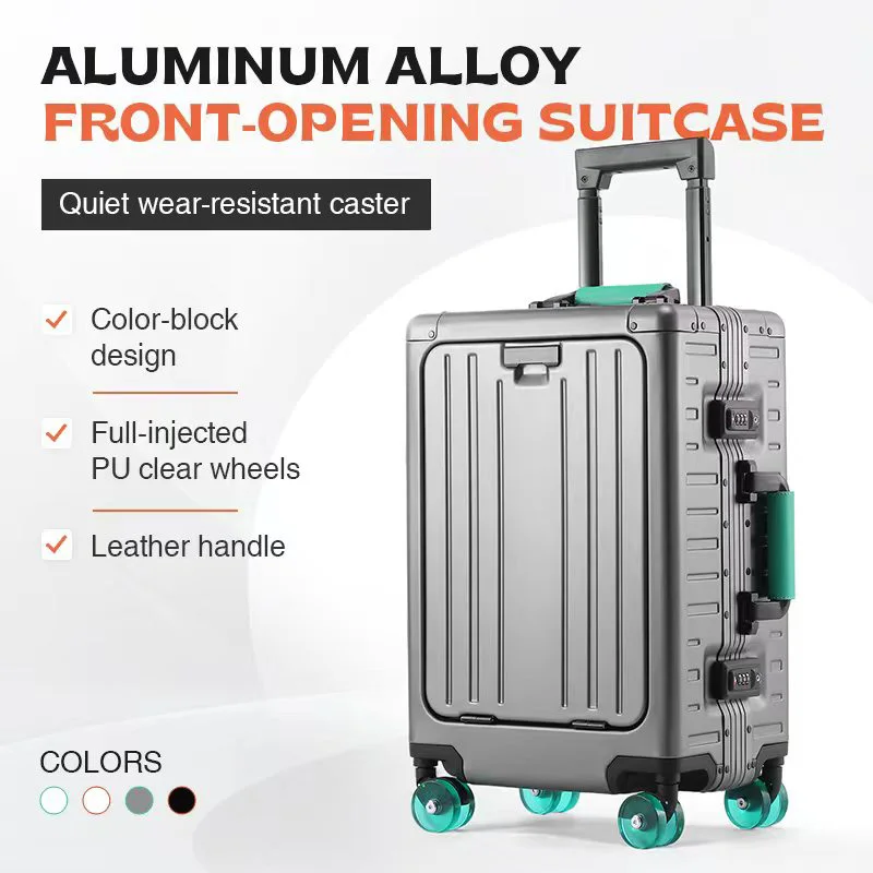 AIWEINY Aluminum Magnesium Alloy Luggage, Front-opening design, 360° Silent TPE Wheels,TSA Lock,Travel/Carry On Suitcase