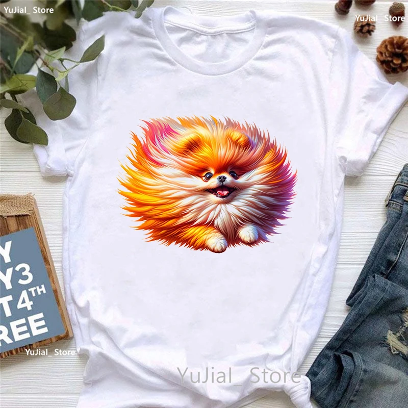 Camiseta estampada animal de Pomerânia feminina, roupas kawaii, camiseta de manga curta, branco, moda harajuku, verão