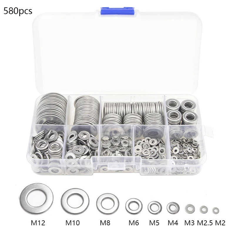 

580pcs Ring Plain Washer Gaskets Stainless Steel Flat Washers Set,Perfect For Home Decor, Factory Repair, Kitchens, Shops & More