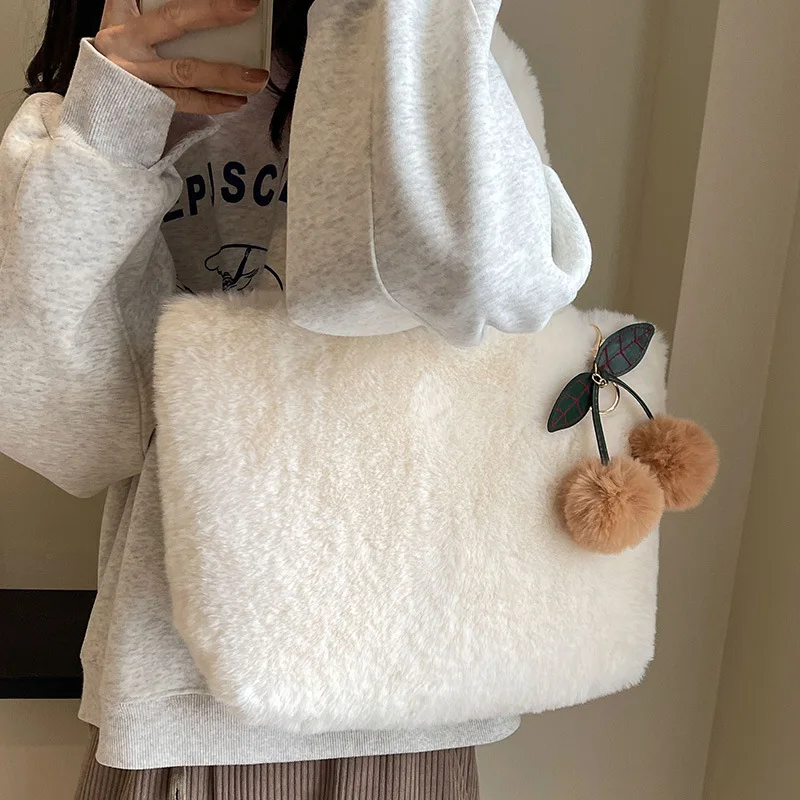 Plush fur bag portable bag with large capacity furry shoulder bag for college students handbags