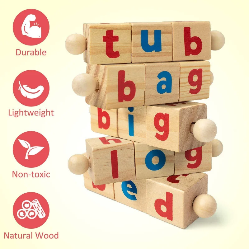 Wooden Rotating Letter Puzzle Reading Blocks Short Vowel Sticks Word Spelling Learning Materials Early Education Supplies for Ki