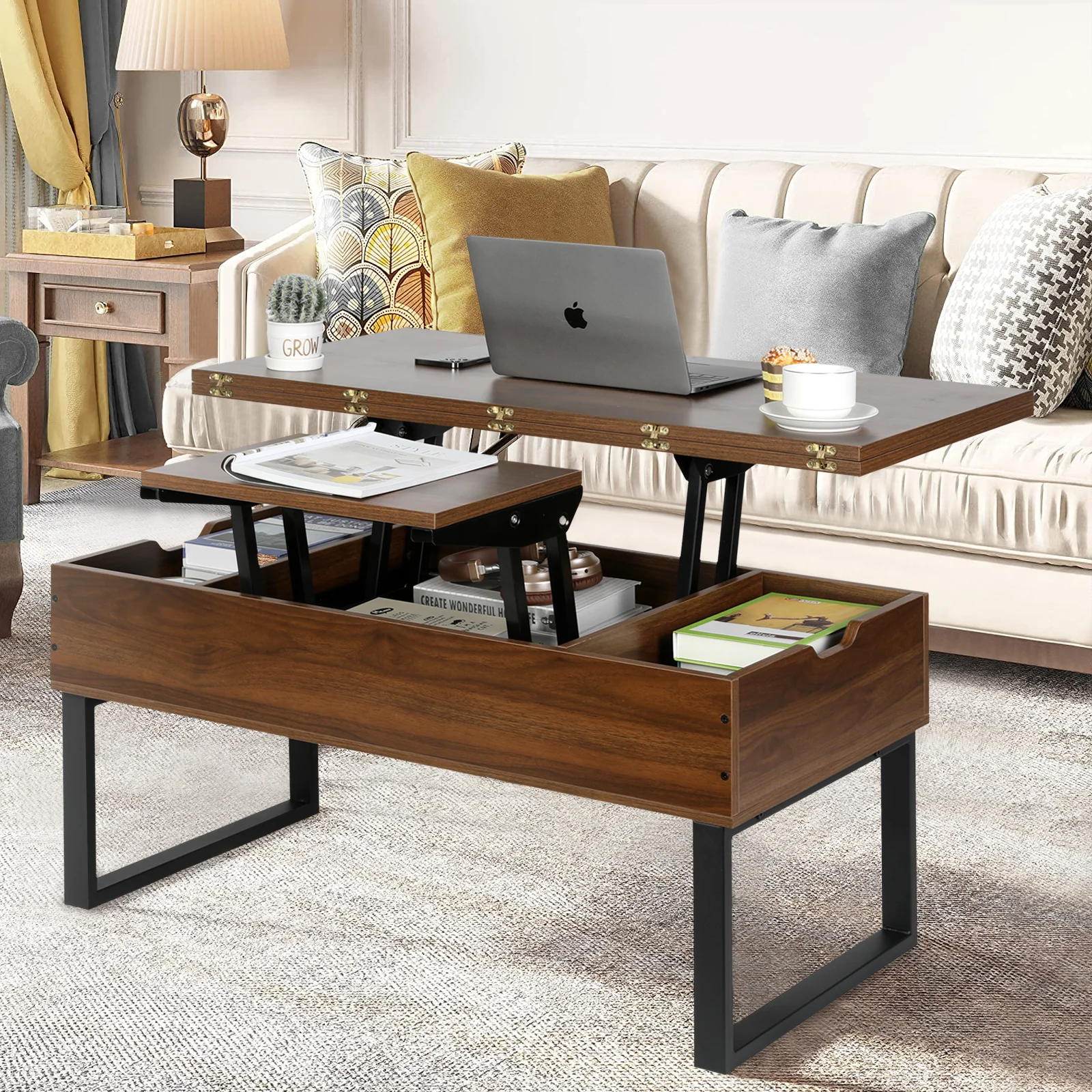 VOWNER Lift Top Coffee Table, 3 in 1 Multi-Function with Hidden Compartment for Living Room,  Dining Table for Reception