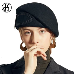 FS Black Red Vintage Bowknot Beret Cap Luxury Wool Fascinator Hat Winter Church Hats For Women Elegant Felt Fedora Chapeau Femme